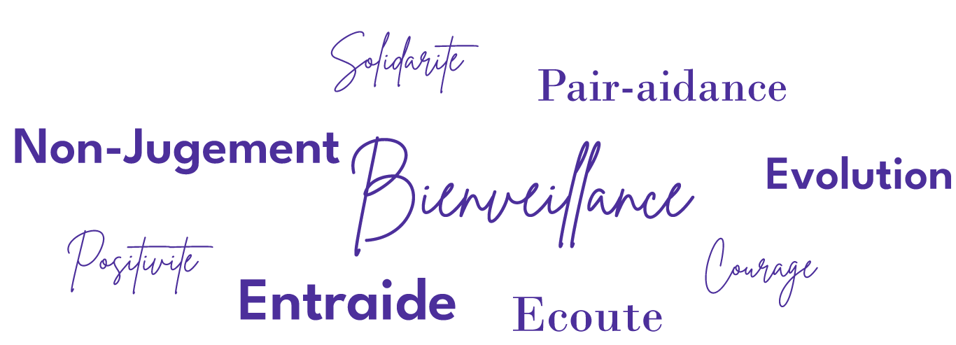Solidarité, Pair-aidance, Non-Jugement, Bienveillance, Evolution, Positivité, Entraide, Ecoute, Courage